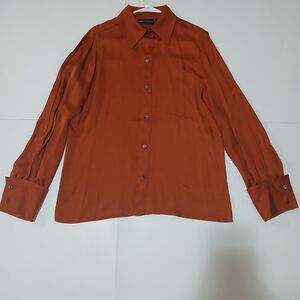 Dana Buchman Silk blouse Womens Size 10 Petit Color Brown Elegant Long Slevee